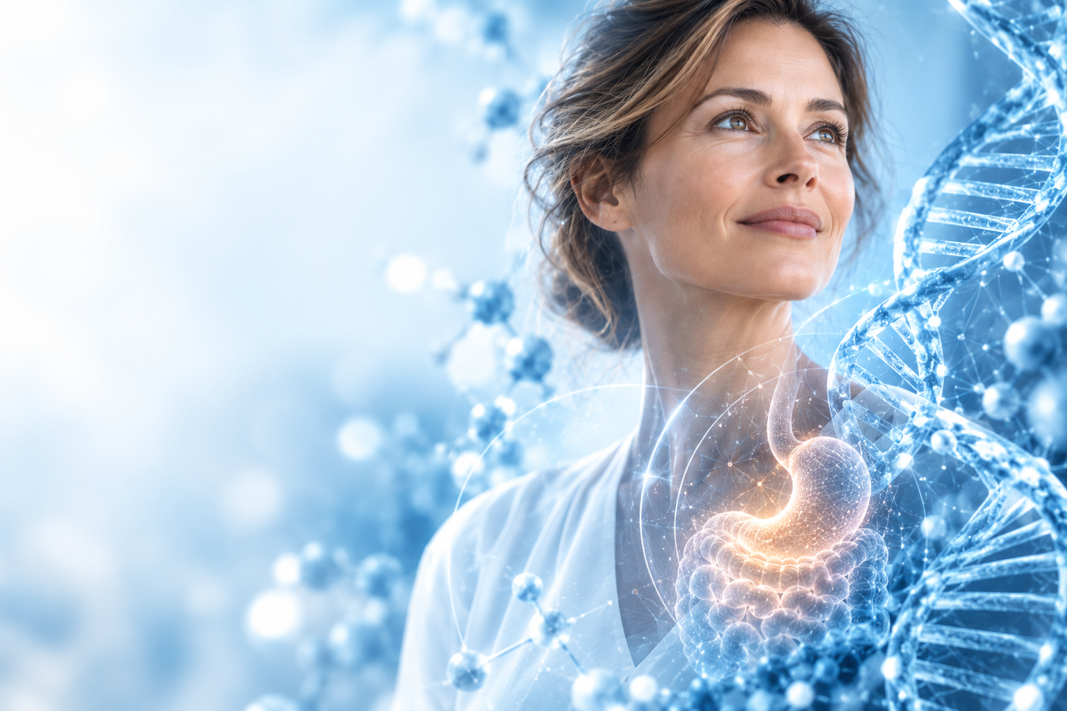 Mulher com elementos visuais de DNA e metabolismo